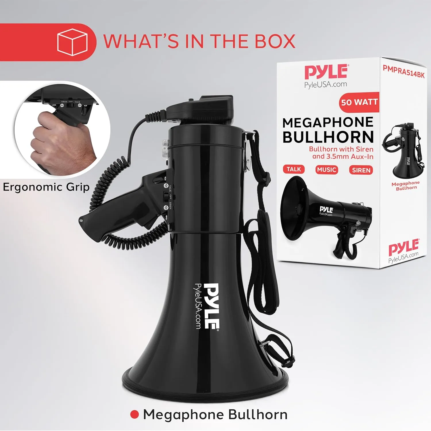 Pyle 50W Megaphone Bullhorn - Portable, Automatic Siren & Adjustable Volume, Projection Range Up to 1200 Square Yards, Aux Input, Talk, Siren, Music, Whistle, & Record, Shoulder Strap (Black)