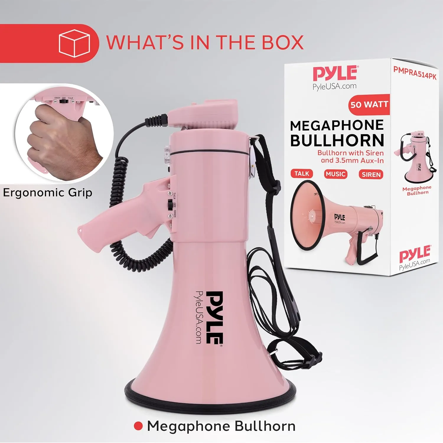 Pyle 50W Megaphone Bullhorn - Portable, Automatic Siren & Adjustable Volume, Projection Range Up to 1200 Square Yards, Aux Input, Talk, Siren, Music, Whistle, & Record, Shoulder Strap (Black)