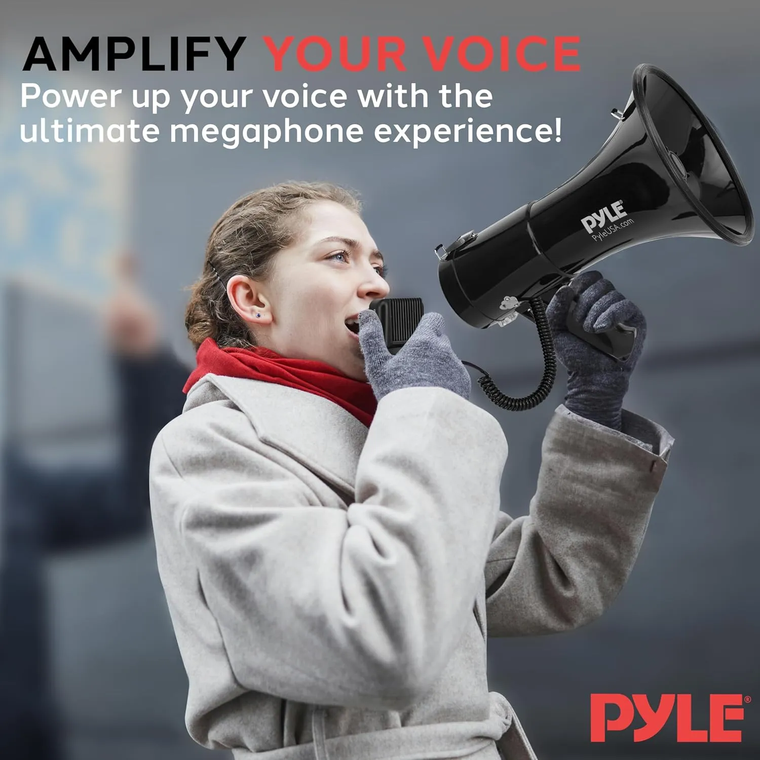 Pyle 50W Megaphone Bullhorn - Portable, Automatic Siren & Adjustable Volume, Projection Range Up to 1200 Square Yards, Aux Input, Talk, Siren, Music, Whistle, & Record, Shoulder Strap (Black)