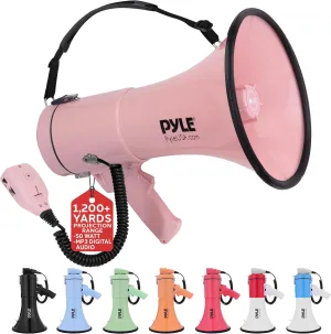 Pyle 50W Megaphone Bullhorn - Portable, Automatic Siren & Adjustable Volume, Projection Range Up to 1200 Square Yards, Aux Input, Talk, Siren, Music, Whistle, & Record, Shoulder Strap (Black)