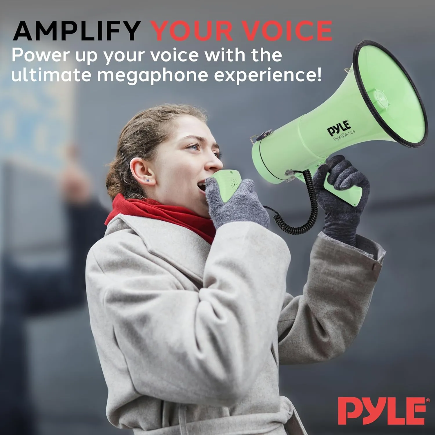 Pyle 50W Megaphone Bullhorn - Portable, Automatic Siren & Adjustable Volume, Projection Range Up to 1200 Square Yards, Aux Input, Talk, Siren, Music, Whistle, & Record, Shoulder Strap (Black)