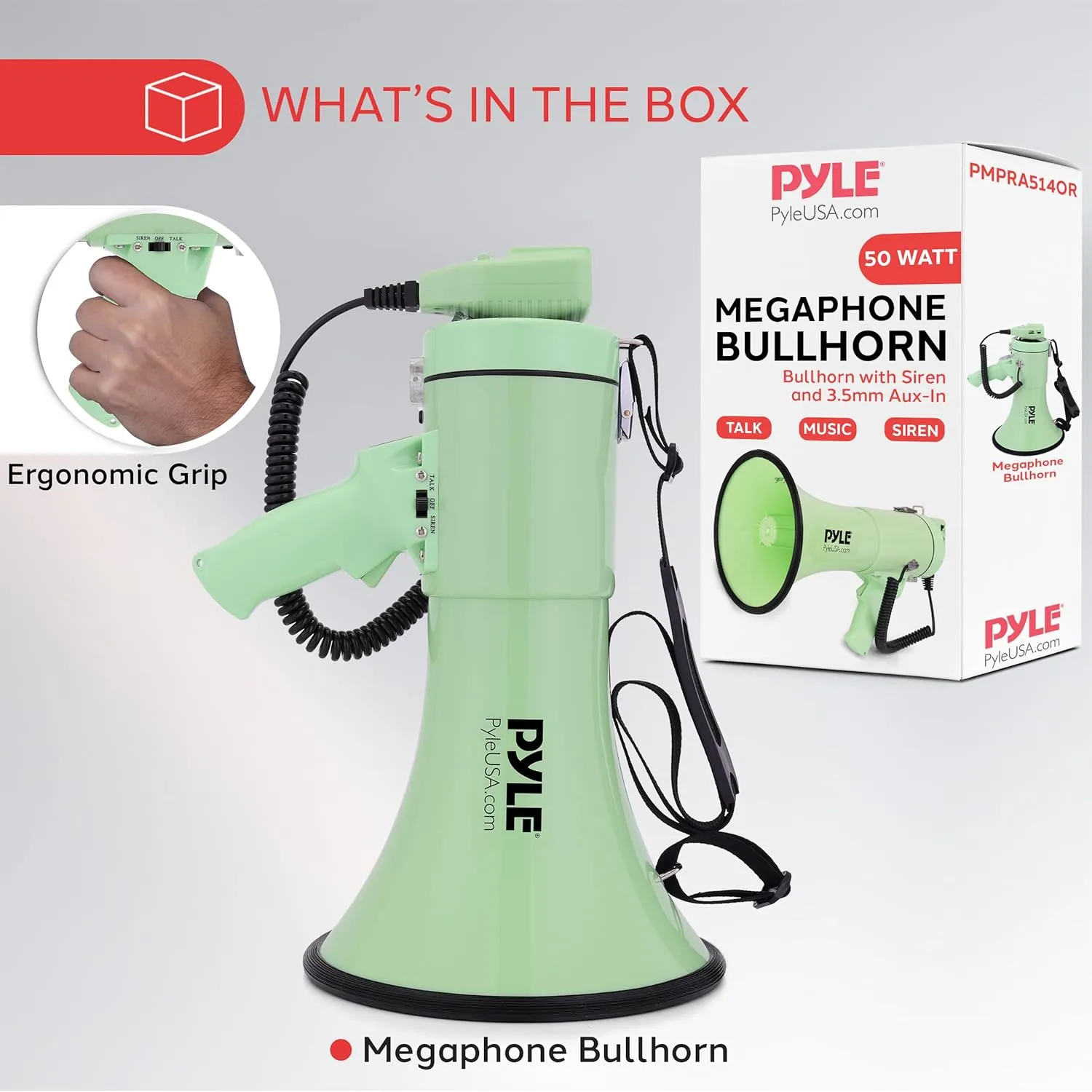 Pyle 50W Megaphone Bullhorn - Portable, Automatic Siren & Adjustable Volume, Projection Range Up to 1200 Square Yards, Aux Input, Talk, Siren, Music, Whistle, & Record, Shoulder Strap (Black)