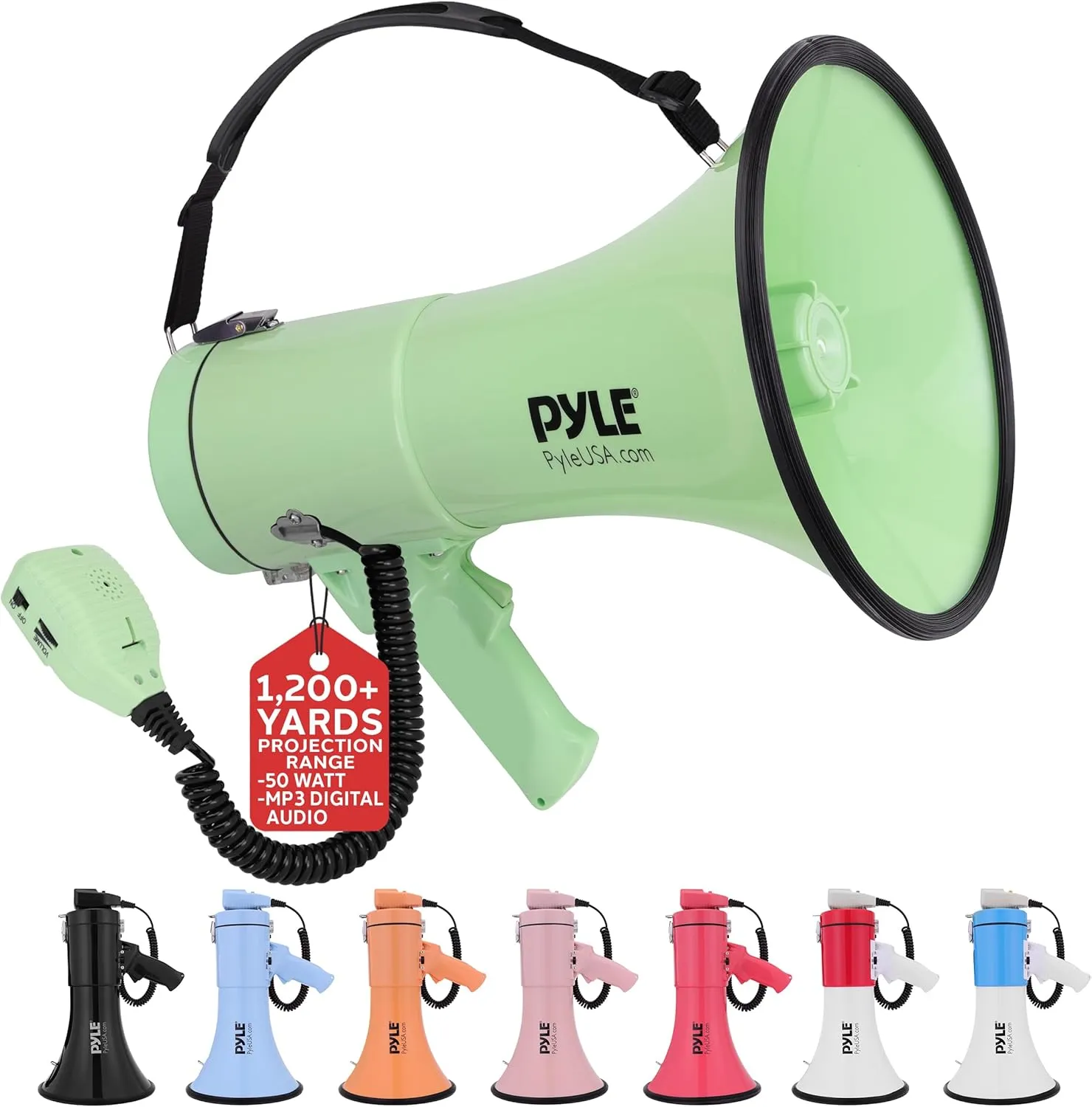 Pyle 50W Megaphone Bullhorn - Portable, Automatic Siren & Adjustable Volume, Projection Range Up to 1200 Square Yards, Aux Input, Talk, Siren, Music, Whistle, & Record, Shoulder Strap (Black)