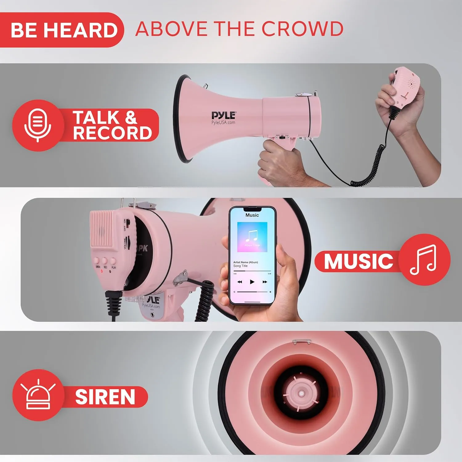 Pyle 50W Megaphone Bullhorn - Portable, Automatic Siren & Adjustable Volume, Projection Range Up to 1200 Square Yards, Aux Input, Talk, Siren, Music, Whistle, & Record, Shoulder Strap (Black)