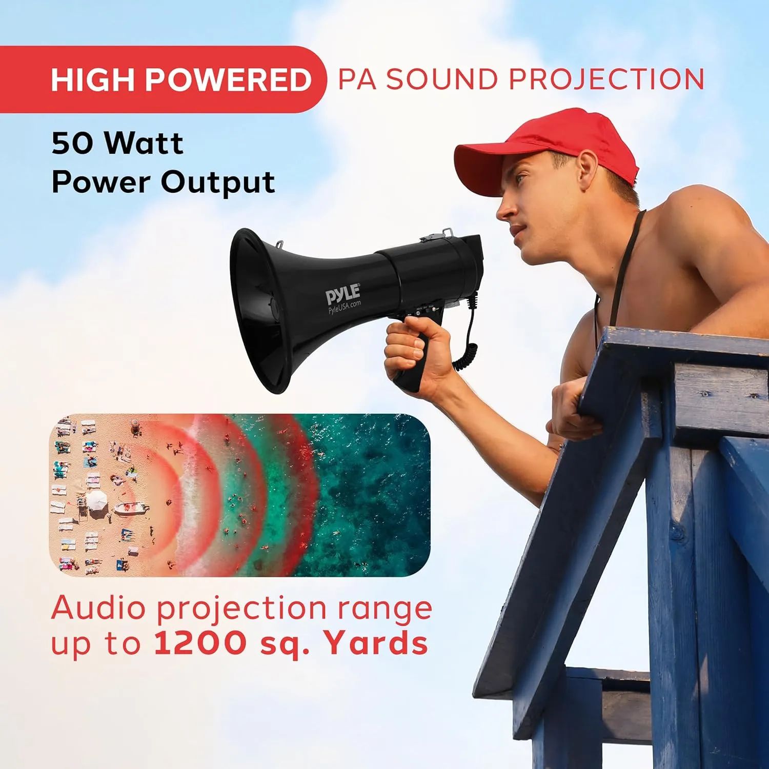 Pyle 50W Megaphone Bullhorn - Portable, Automatic Siren & Adjustable Volume, Projection Range Up to 1200 Square Yards, Aux Input, Talk, Siren, Music, Whistle, & Record, Shoulder Strap (Black)