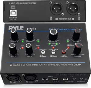 Pyle Professional USB Audio Interface with MIC, Guitar, AUX Stereo Inputs, Phone/Monitor Outputs, Ideal for Computer Playing & Recording, Compact Rugged Metal Housing - PMUX6