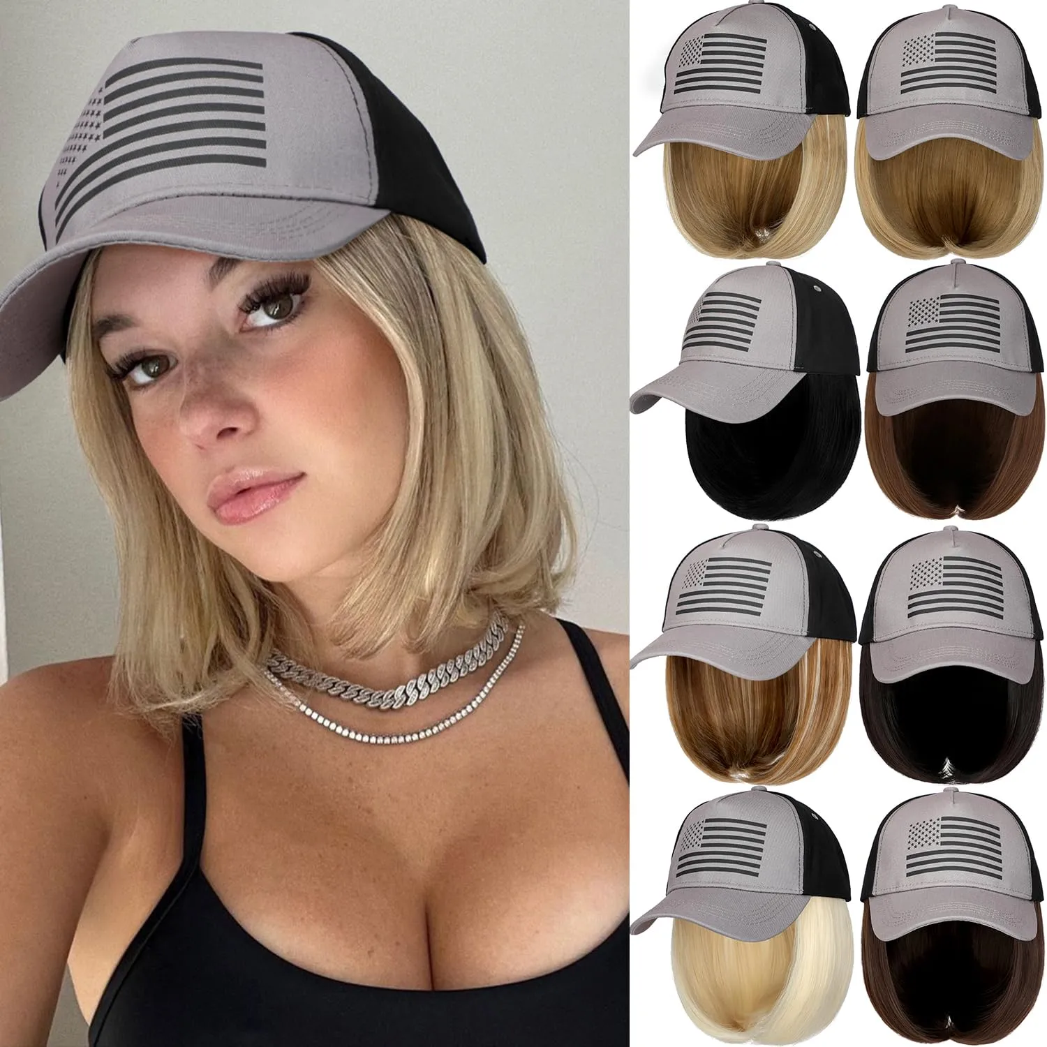 Qlenkay American Flag Wig USA Flag with 14" Hair Extensions Straight Bob Synthetic Hairpiece for Women Medium Brown