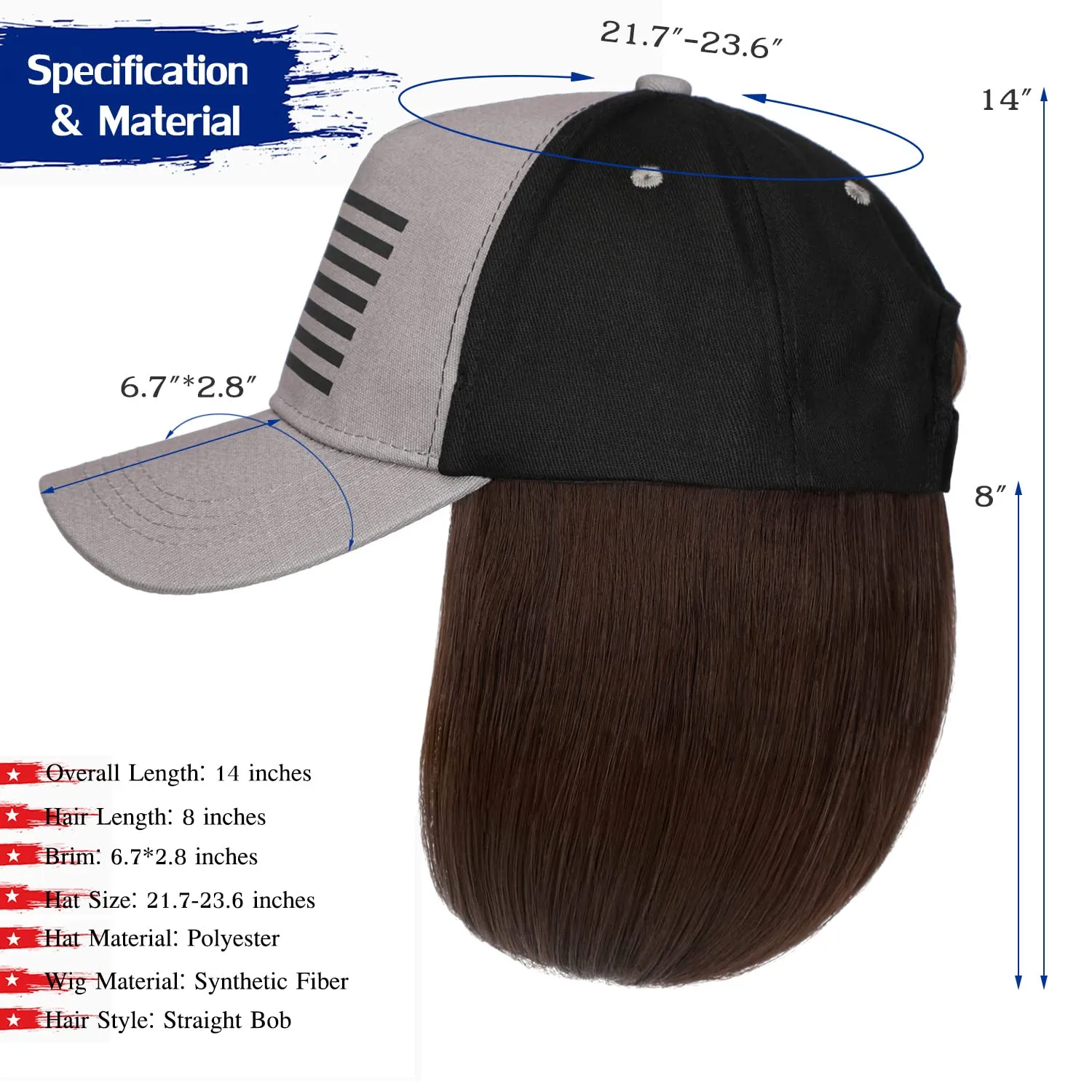 Qlenkay American Flag Wig USA Flag with 14" Hair Extensions Straight Bob Synthetic Hairpiece for Women Medium Brown
