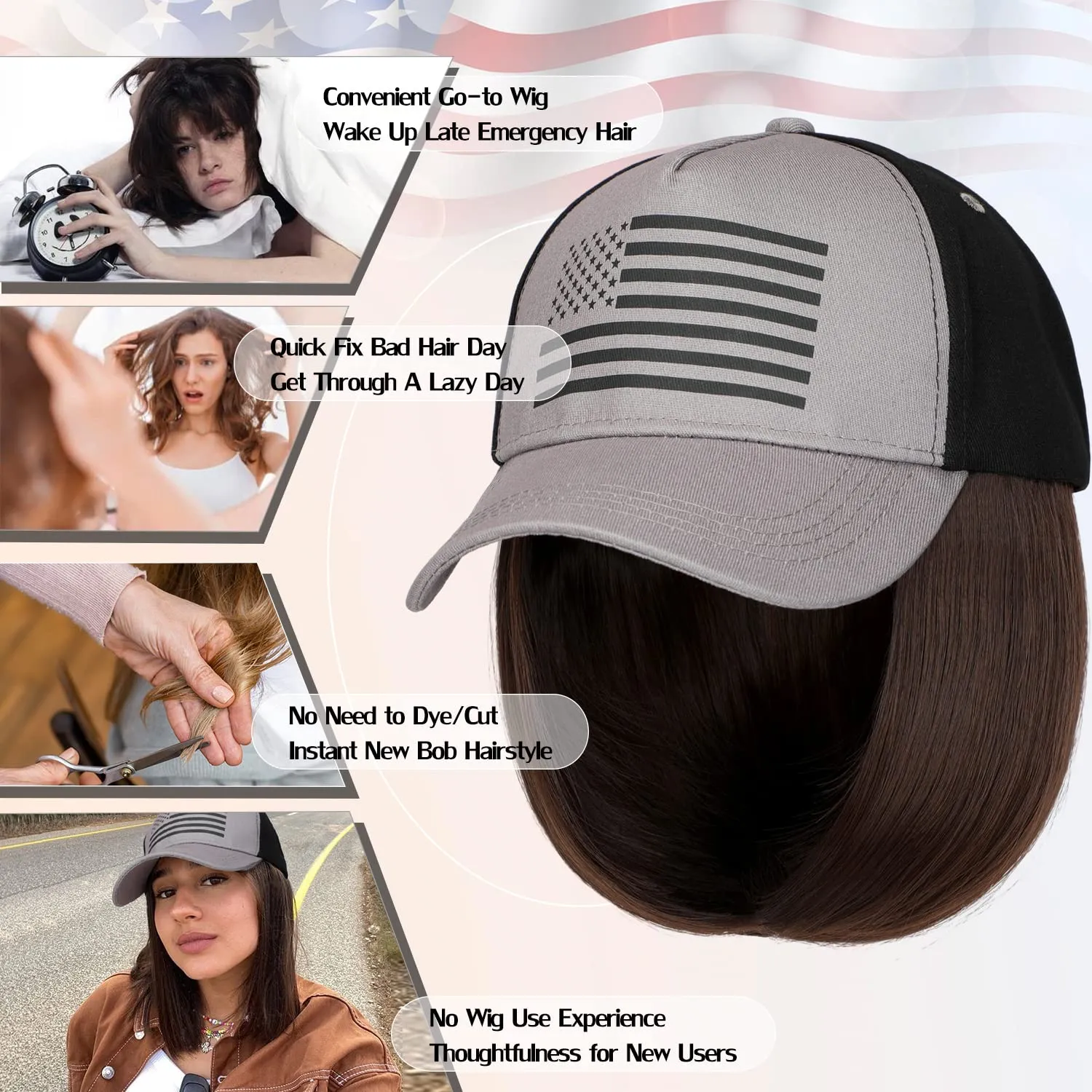 Qlenkay American Flag Wig USA Flag with 14" Hair Extensions Straight Bob Synthetic Hairpiece for Women Medium Brown