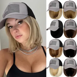 Qlenkay American Flag Wig USA Flag with 14" Hair Extensions Straight Bob Synthetic Hairpiece for Women Medium Brown