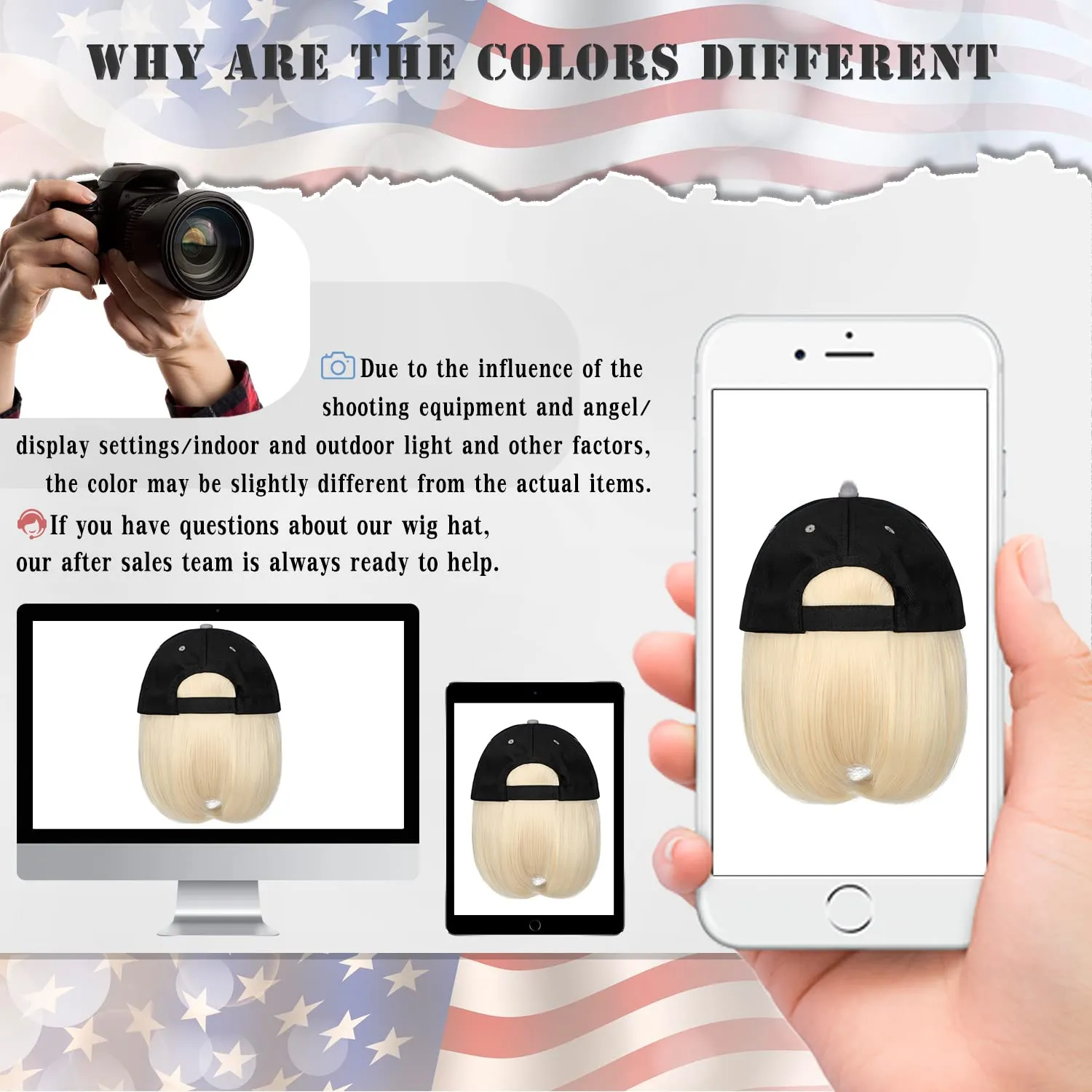 Qlenkay American Flag Wig USA Flag with 14" Hair Extensions Straight Bob Synthetic Hairpiece for Women Medium Brown