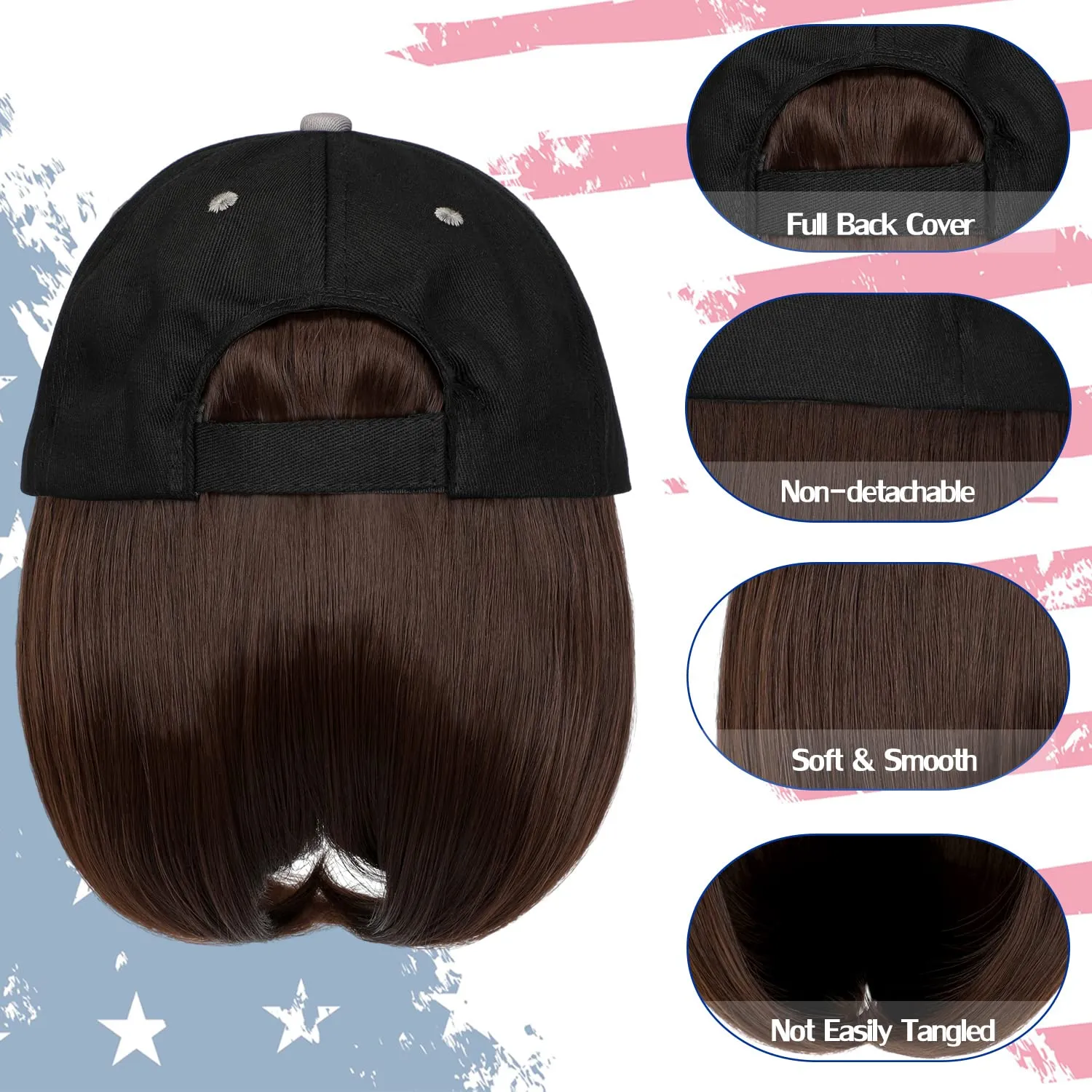 Qlenkay American Flag Wig USA Flag with 14" Hair Extensions Straight Bob Synthetic Hairpiece for Women Medium Brown