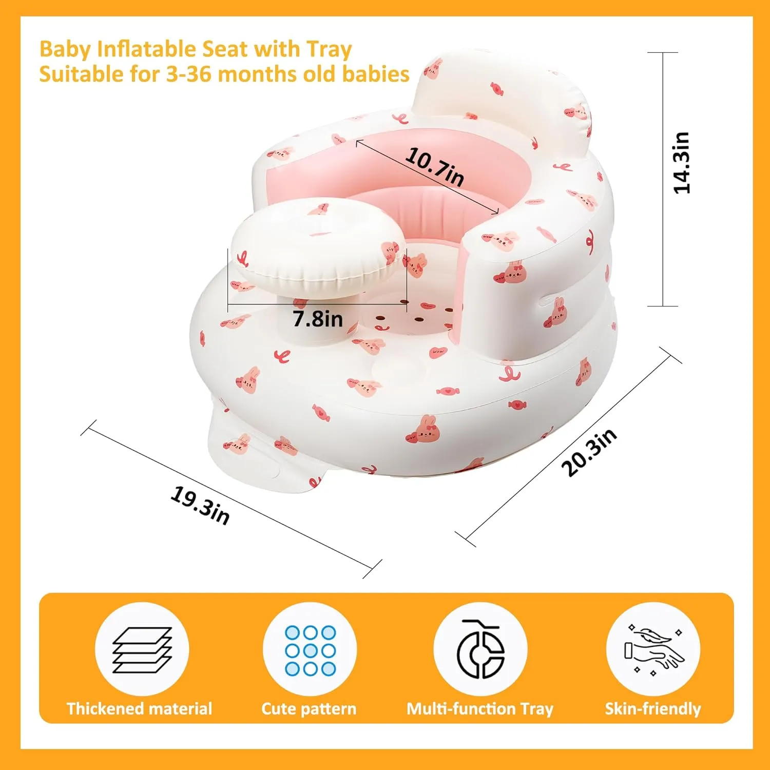 QMVESS Inflatable Baby Seat with Tray, Fully Supportive Infant Floor Seat, Baby Chairs for Entertaining, Built in Air Pump Blow Up, Learning Sit-Up Seat for Infants 3 Months & Up (Pink Love Bunny)