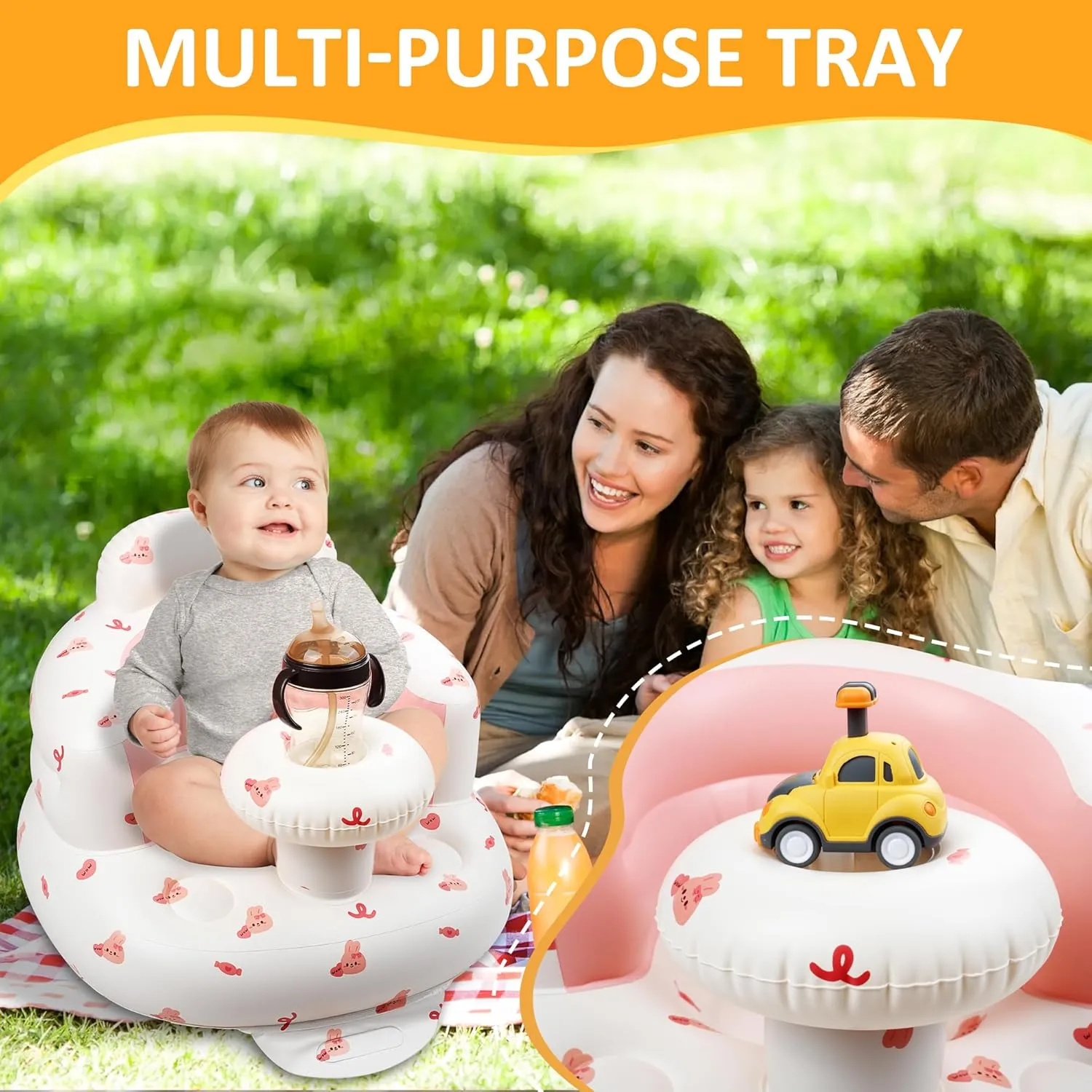 QMVESS Inflatable Baby Seat with Tray, Fully Supportive Infant Floor Seat, Baby Chairs for Entertaining, Built in Air Pump Blow Up, Learning Sit-Up Seat for Infants 3 Months & Up (Pink Love Bunny)