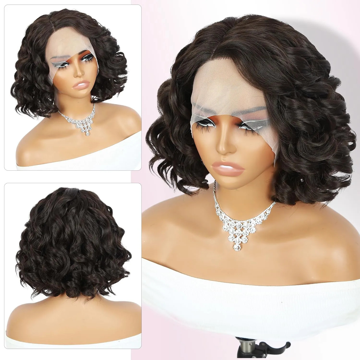 Quantum Love Short Curly Wavy Wigs Curly Bob Lace Front Wig for Women Short Body Wave Side Part Synthetic Wig (Chocolate 14inches)