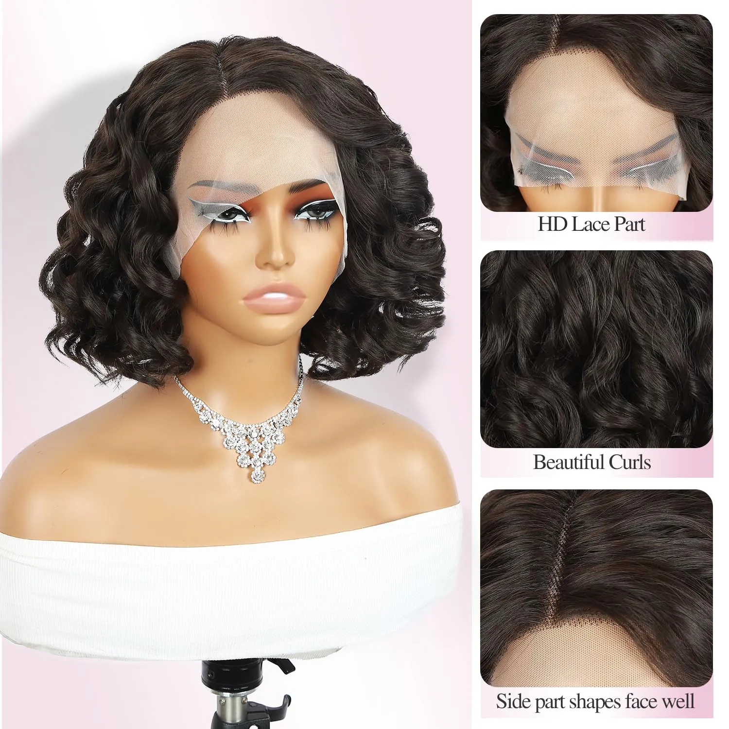 Quantum Love Short Curly Wavy Wigs Curly Bob Lace Front Wig for Women Short Body Wave Side Part Synthetic Wig (Chocolate 14inches)