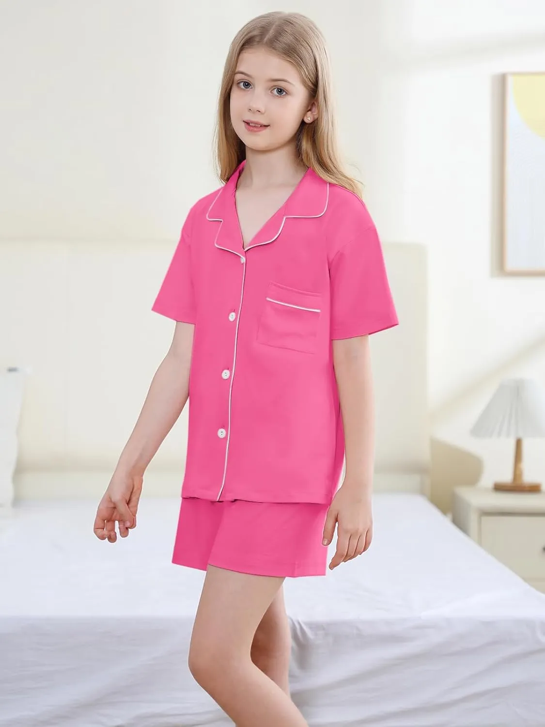 QZH.DUAO Girls Pajamas Set 100% Cotton PJ Set Button-Down Short Sleeve Sleepwear for Ages 5-14