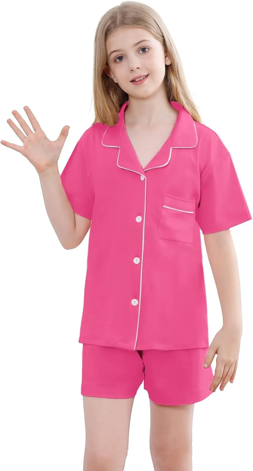 QZH.DUAO Girls Pajamas Set 100% Cotton PJ Set Button-Down Short Sleeve Sleepwear for Ages 5-14