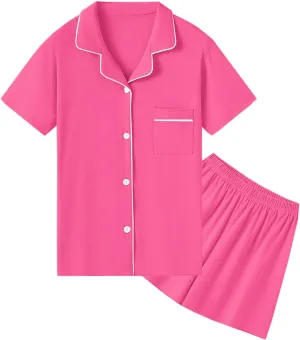 QZH.DUAO Girls Pajamas Set 100% Cotton PJ Set Button-Down Short Sleeve Sleepwear for Ages 5-14