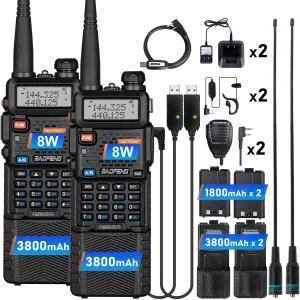 Radio UV-5R 8W Ham Radio(4pcs Batteries), Rechargeable 3800mAh Battery & 1800mAh Battery,Handheld Speaker Mic Long Range Radio Dual Band Two Way Walkie Talkie(2 Pack)