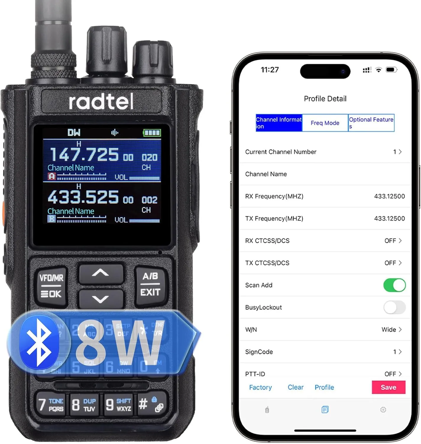 Radtel RT-900 8W Multi Band Ham Radio Handheld Walkie Talkie with Noise Reduction, 256 Channels VHF/UHF Two-Way Radio, NOAA, Frequency Tuning, Aviation Air Band, Bluetooth App