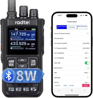 Radtel RT-900 8W Multi Band Ham Radio Handheld Walkie Talkie with Noise Reduction, 256 Channels VHF/UHF Two-Way Radio, NOAA, Frequency Tuning, Aviation Air Band, Bluetooth App