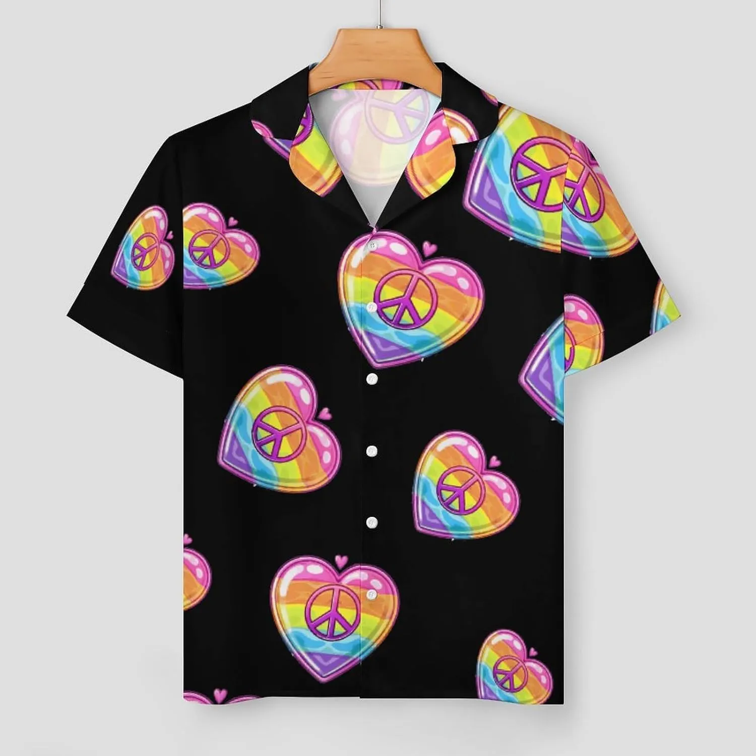 Rainbow Peace Sign Heart Gay Prideful Flag Women's Satin Pajama Set Short Sleeve Button Down Sleepwear Loungewear Pj Set