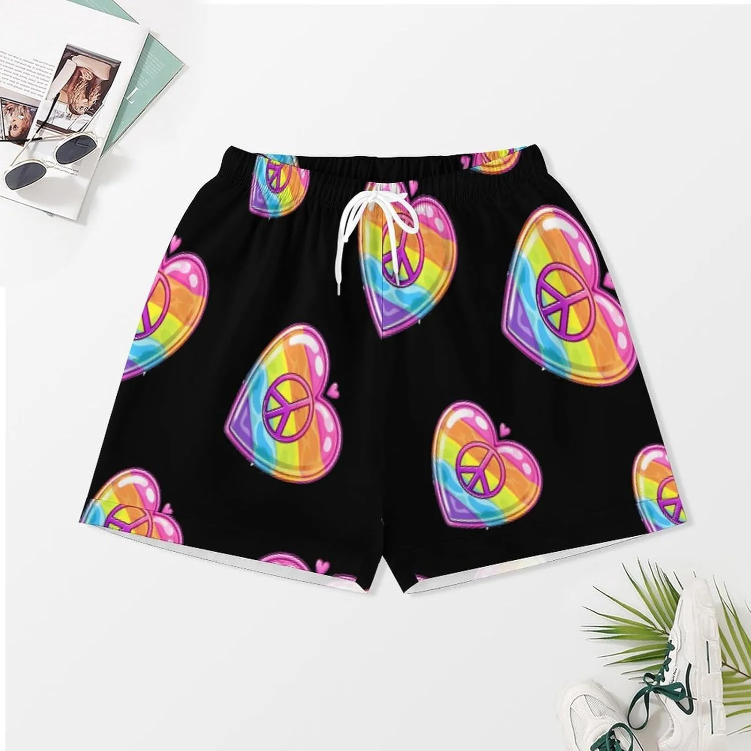 Rainbow Peace Sign Heart Gay Prideful Flag Women's Satin Pajama Set Short Sleeve Button Down Sleepwear Loungewear Pj Set