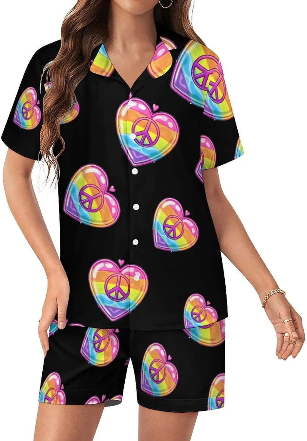 Rainbow Peace Sign Heart Gay Prideful Flag Women's Satin Pajama Set Short Sleeve Button Down Sleepwear Loungewear Pj Set