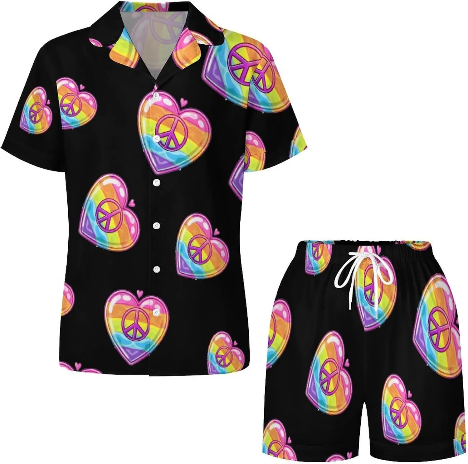 Rainbow Peace Sign Heart Gay Prideful Flag Women's Satin Pajama Set Short Sleeve Button Down Sleepwear Loungewear Pj Set