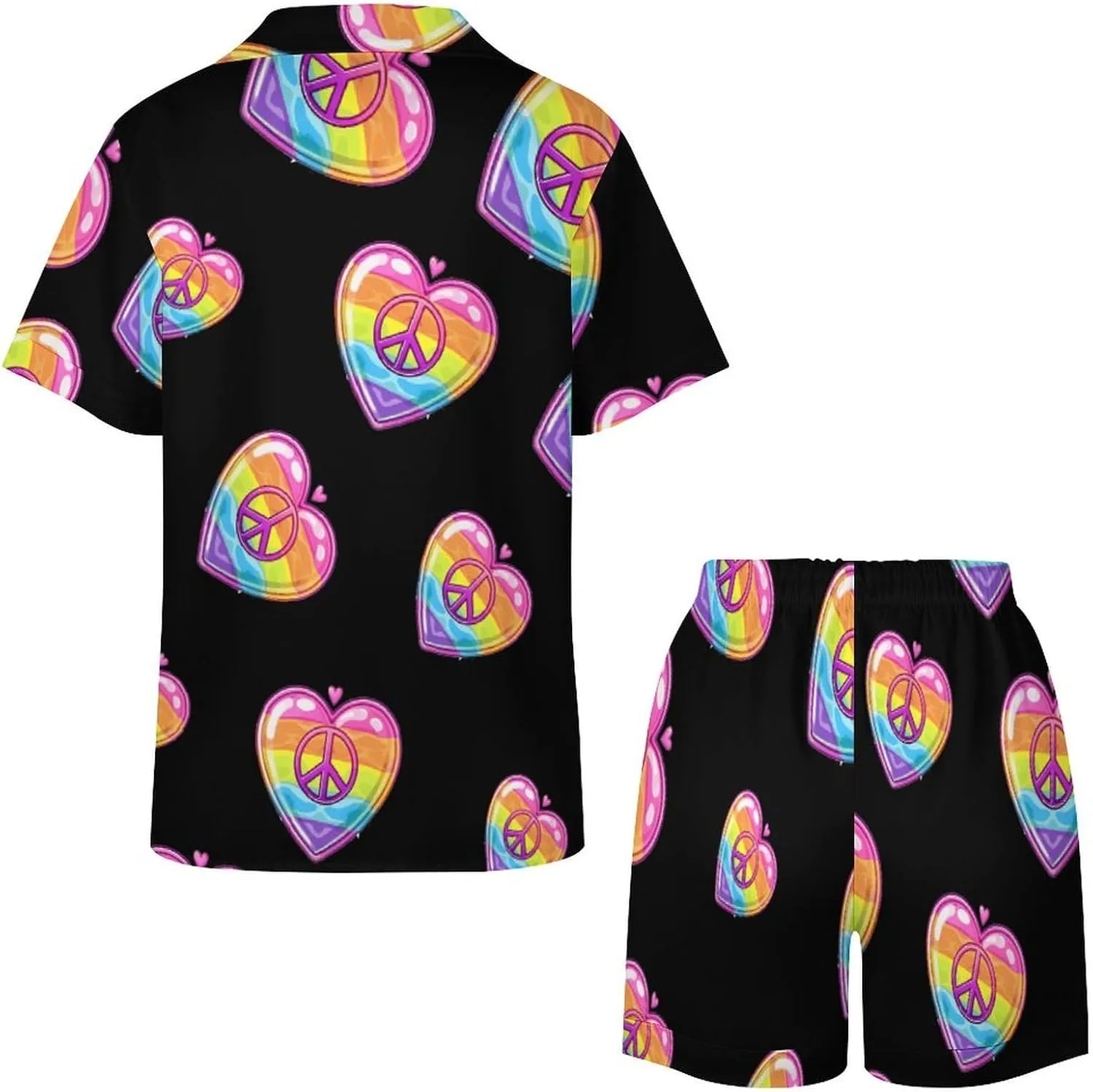 Rainbow Peace Sign Heart Gay Prideful Flag Women's Satin Pajama Set Short Sleeve Button Down Sleepwear Loungewear Pj Set