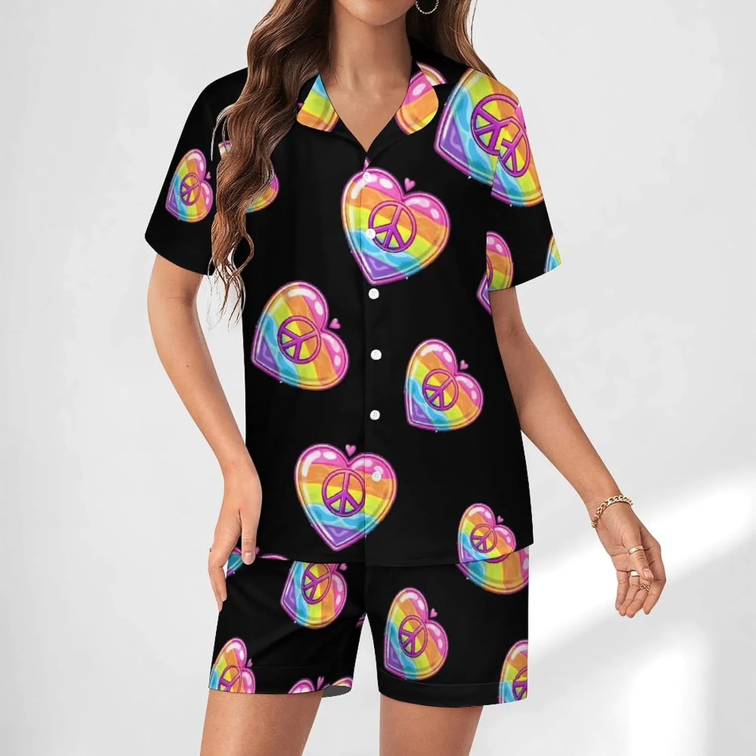 Rainbow Peace Sign Heart Gay Prideful Flag Women's Satin Pajama Set Short Sleeve Button Down Sleepwear Loungewear Pj Set