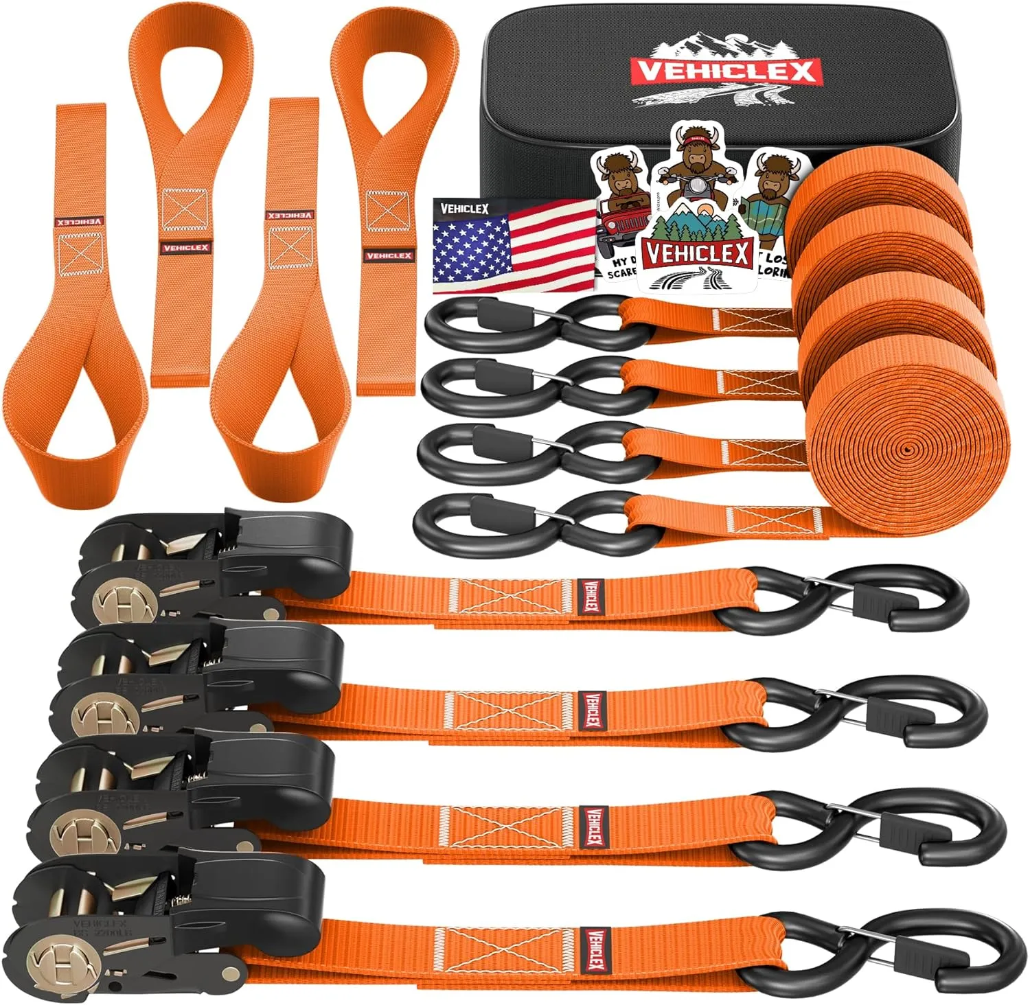 Ratchet Tie-Down Straps Set - (1" x 15', 2200lbs Breaking Strength) - Vehiclex Soft Loops, Coated S-Hooks, Storage Bag for ATV, Motorcycle, Bicycle, Kayak, Cargo Securing, Orange
