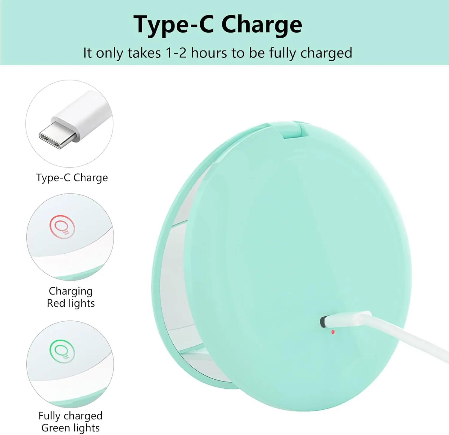 Rechargeable 15X Magnifying Pocket Mirror for Travel Makeup Compact 3.5 inch Round Folding Mirror with LED Light, Ideal Gift for Women and Rare Beauty(Cyan)