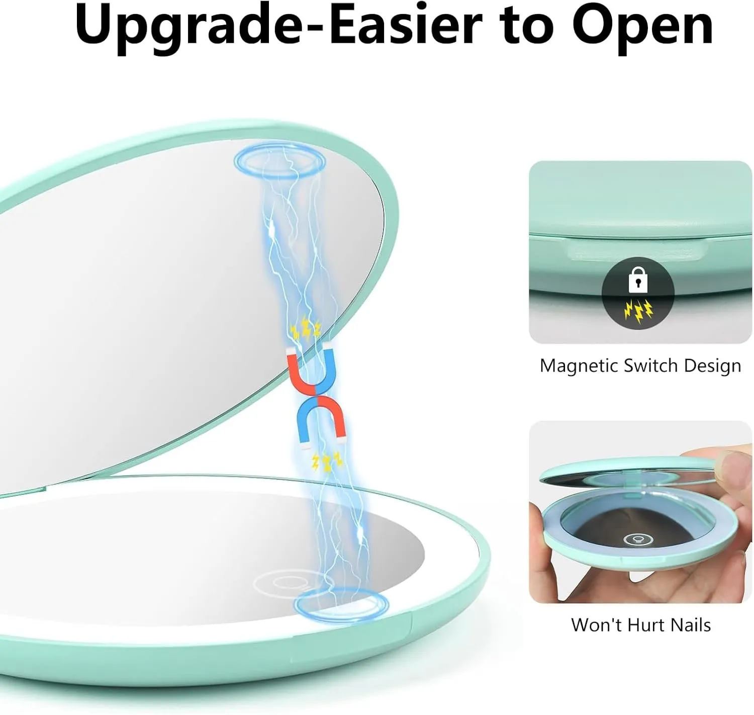 Rechargeable 15X Magnifying Pocket Mirror for Travel Makeup Compact 3.5 inch Round Folding Mirror with LED Light, Ideal Gift for Women and Rare Beauty(Cyan)