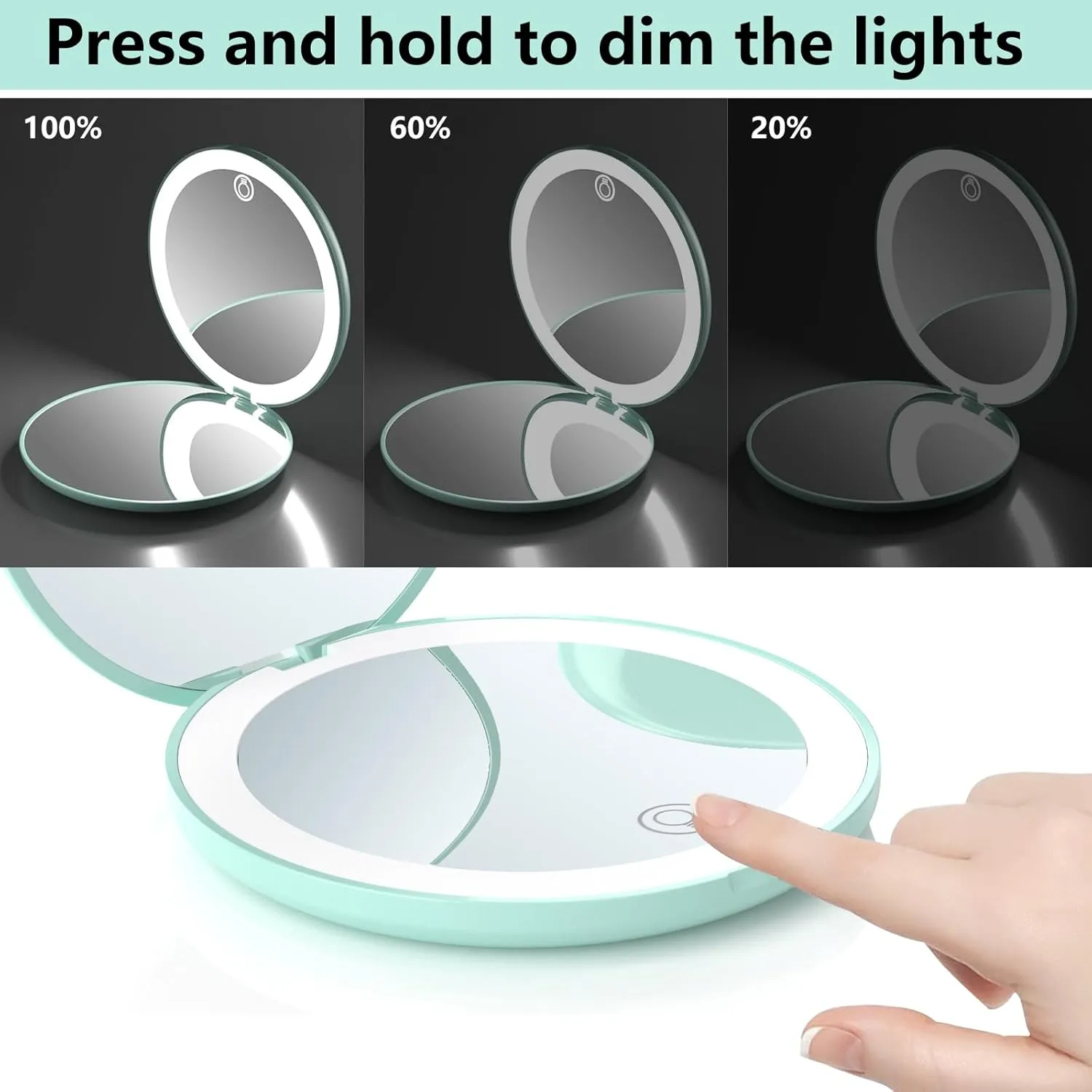 Rechargeable 15X Magnifying Pocket Mirror for Travel Makeup Compact 3.5 inch Round Folding Mirror with LED Light, Ideal Gift for Women and Rare Beauty(Cyan)
