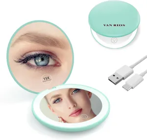Rechargeable 15X Magnifying Pocket Mirror for Travel Makeup Compact 3.5 inch Round Folding Mirror with LED Light, Ideal Gift for Women and Rare Beauty(Cyan)