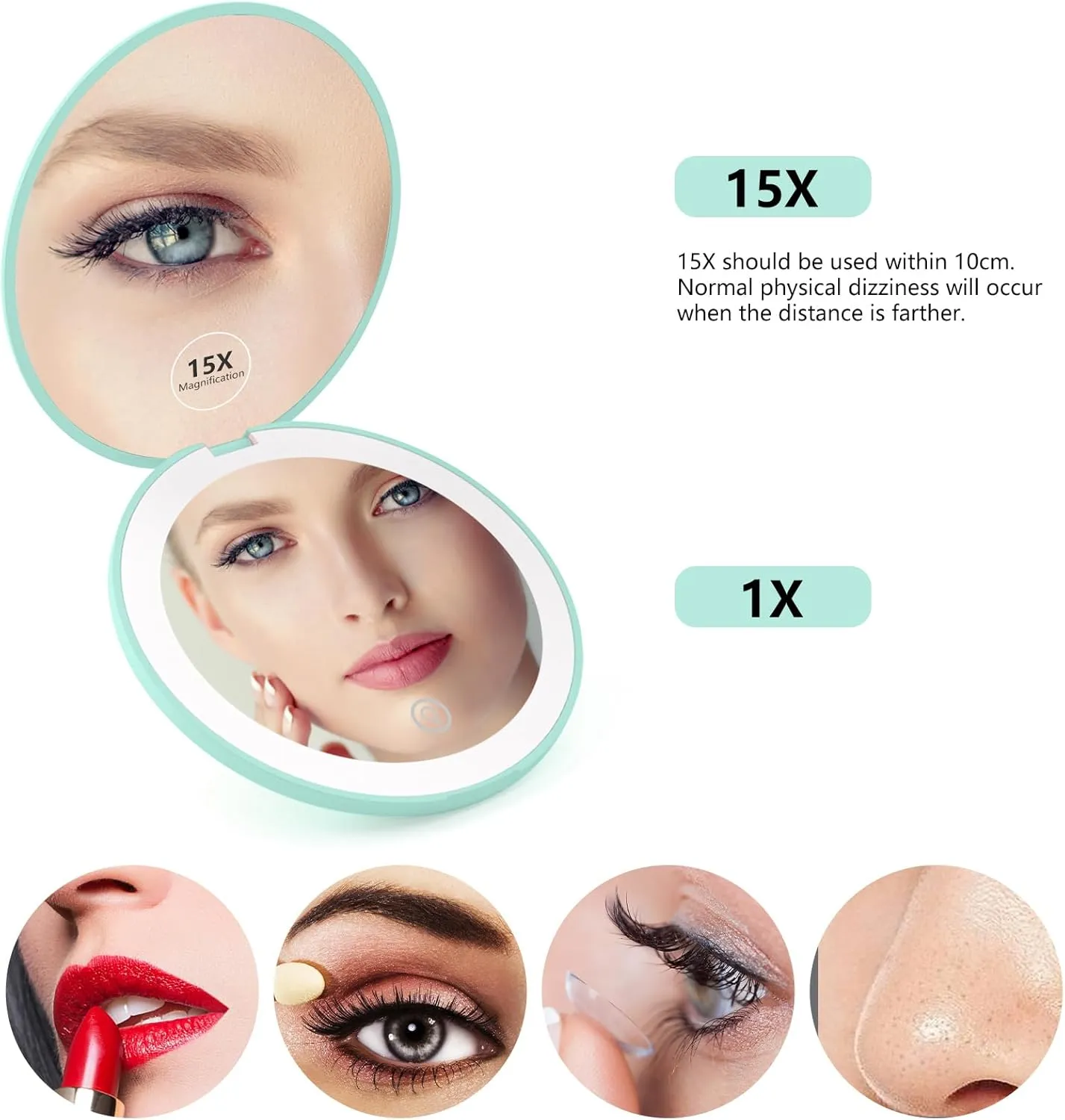 Rechargeable 15X Magnifying Pocket Mirror for Travel Makeup Compact 3.5 inch Round Folding Mirror with LED Light, Ideal Gift for Women and Rare Beauty(Cyan)