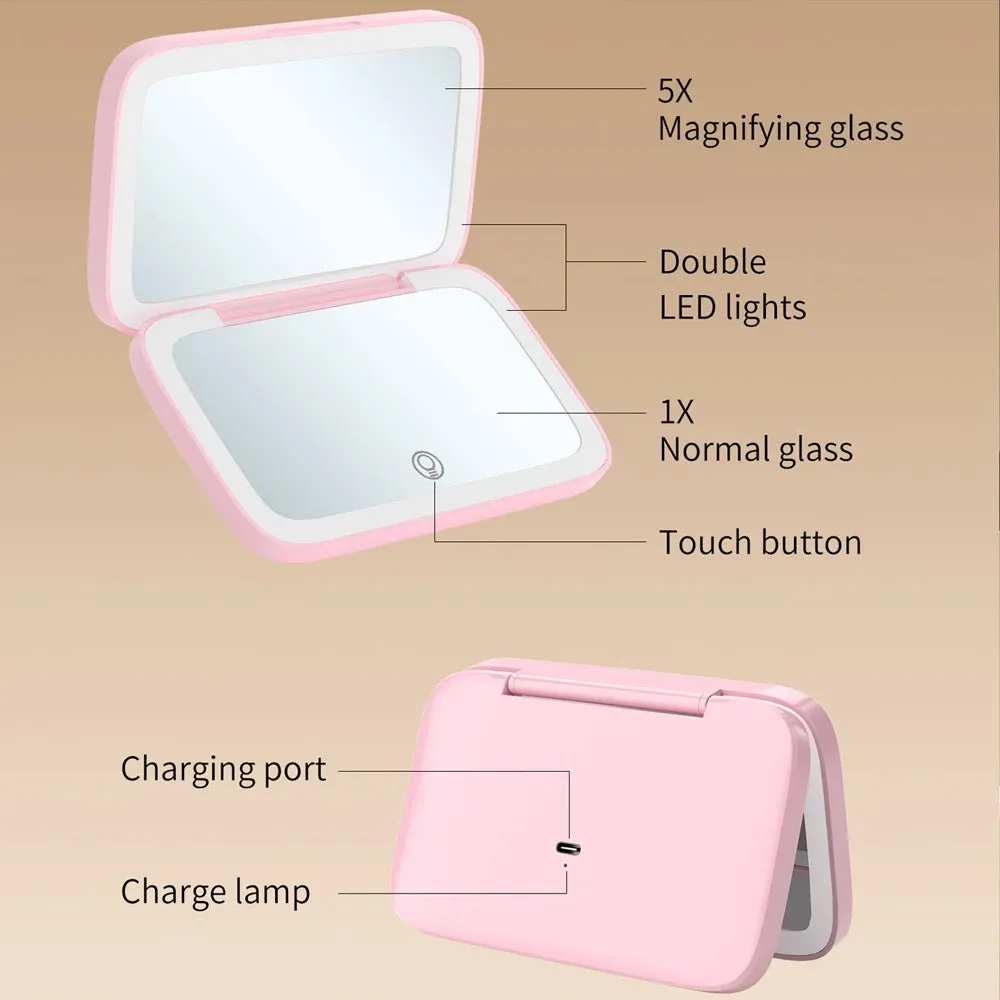 Rechargeable LED Makeup Mirror with 5X Magnification for Travel