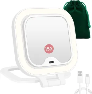 Rechargeable Travel Makeup Mirror with Lights, Dual-Sided 1X/15X Magnifying Mirror with 3 Color Dimmable Lights, Small Compact Mirror with Rigid Stand for Desktop/Handheld/Hang, with Carrying Bag