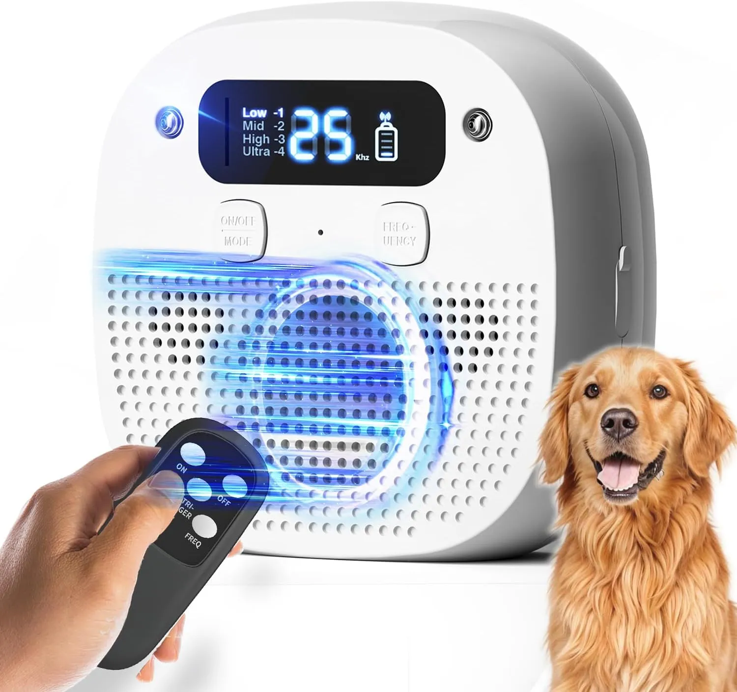 Rechargeable Ultrasonic Dog Bark Control Device – Waterproof, 60ft Remote Range, Adjustable Frequency & Modes – Effective Anti-Barking Solution for Indoor & Outdoor Use (Ivory White)