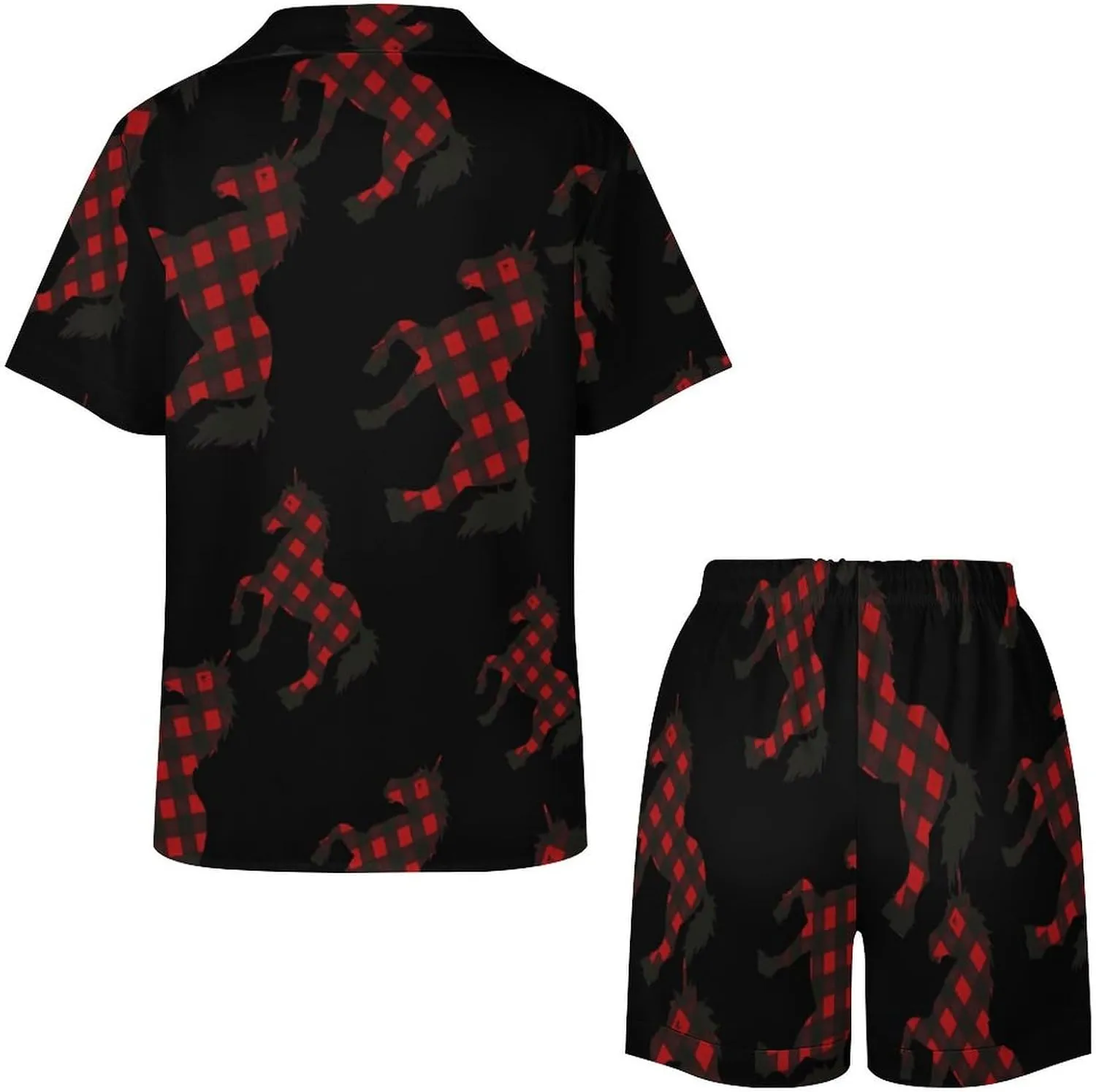 Red Buffalo Plaid Uni-corn-horse Women's Satin Pajama Set Short Sleeve Button Down Sleepwear Loungewear Pj Set