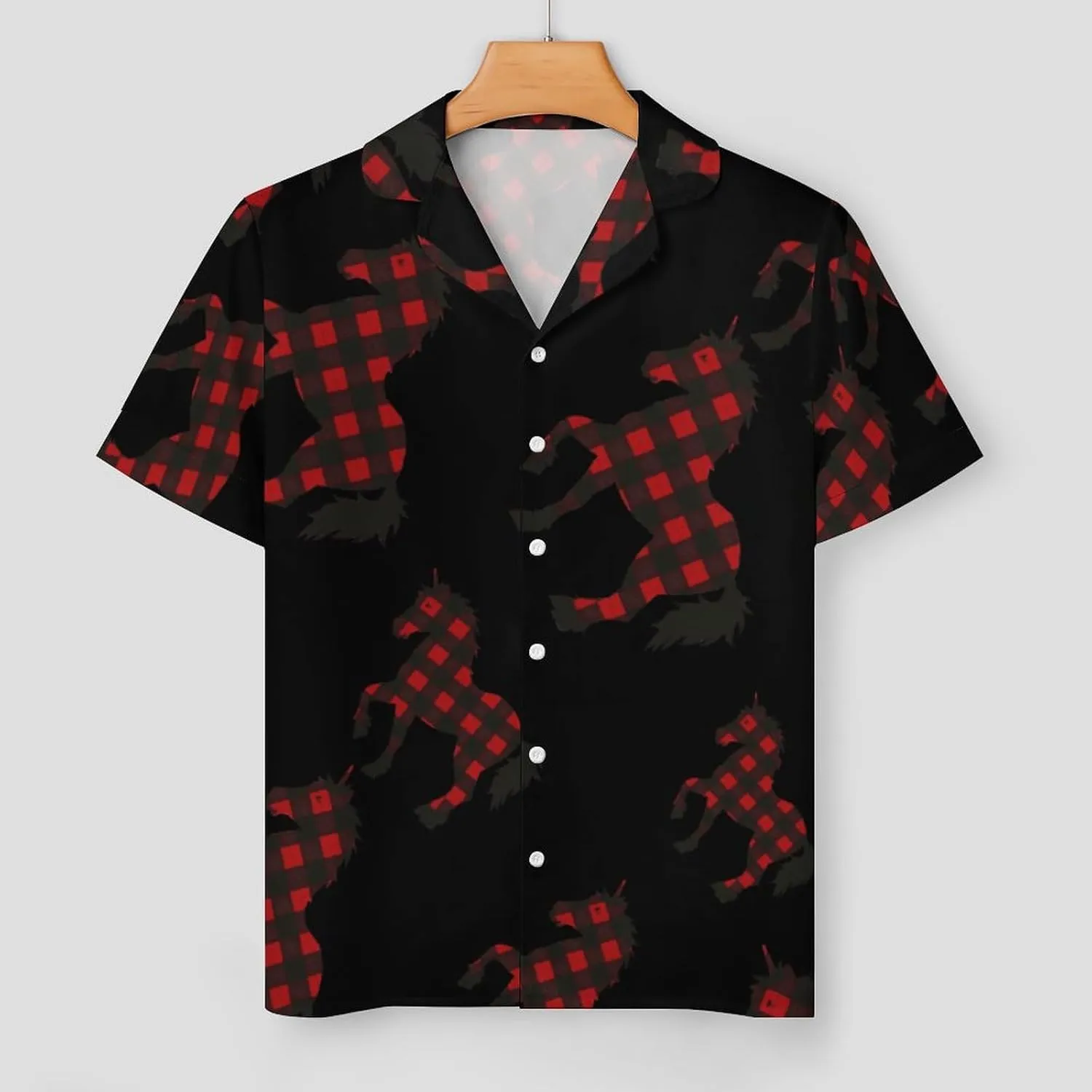 Red Buffalo Plaid Uni-corn-horse Women's Satin Pajama Set Short Sleeve Button Down Sleepwear Loungewear Pj Set