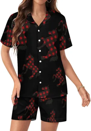 Red Buffalo Plaid Uni-corn-horse Women's Satin Pajama Set Short Sleeve Button Down Sleepwear Loungewear Pj Set