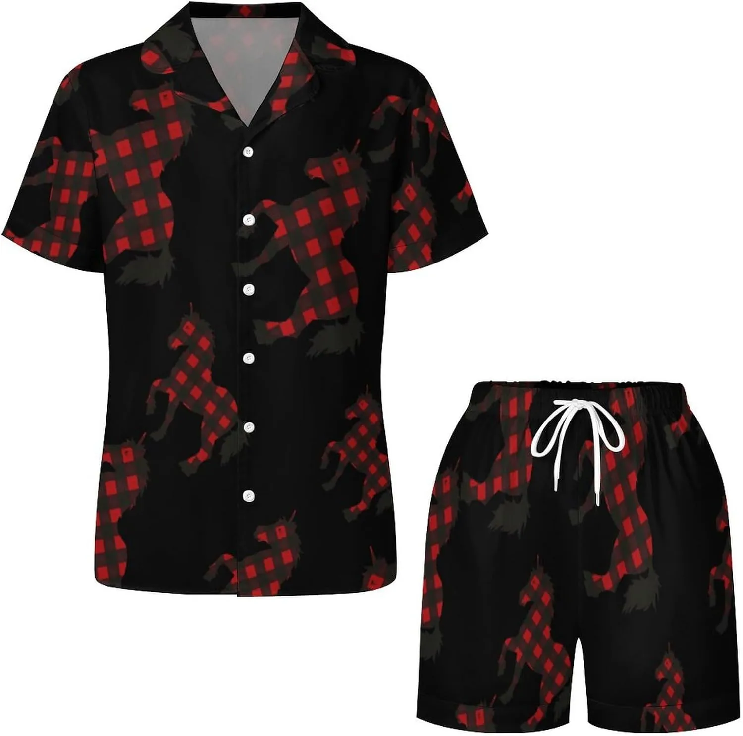 Red Buffalo Plaid Uni-corn-horse Women's Satin Pajama Set Short Sleeve Button Down Sleepwear Loungewear Pj Set