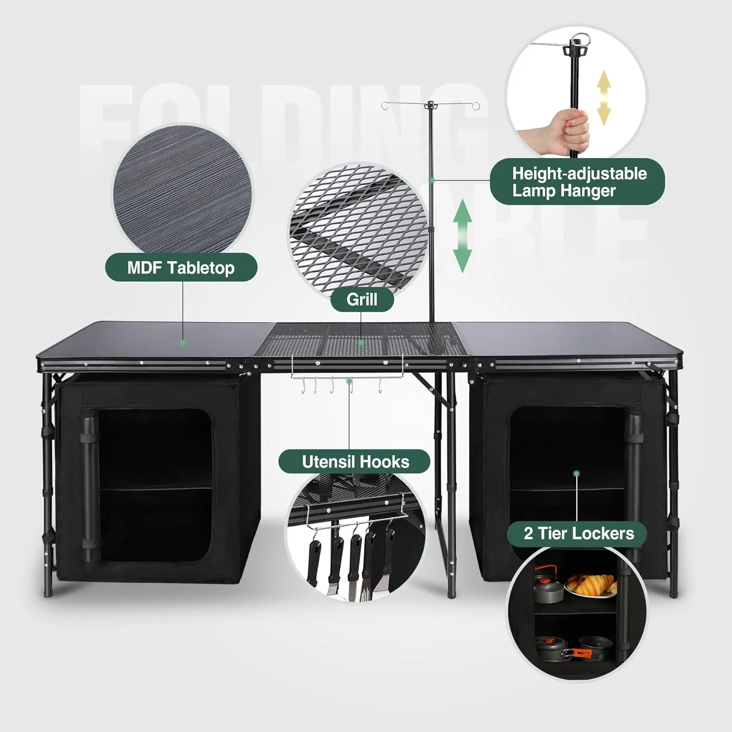 REDCAMP Portable Camping Kitchen Table, 6ft Extra Long Tri-fold Camping Grill Table with Storage Organizer and Telescoping Light Stand, Outdoor Cooking Station for BBQ, Party and Picnic