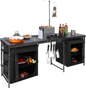 REDCAMP Portable Camping Kitchen Table, 6ft Extra Long Tri-fold Camping Grill Table with Storage Organizer and Telescoping Light Stand, Outdoor Cooking Station for BBQ, Party and Picnic