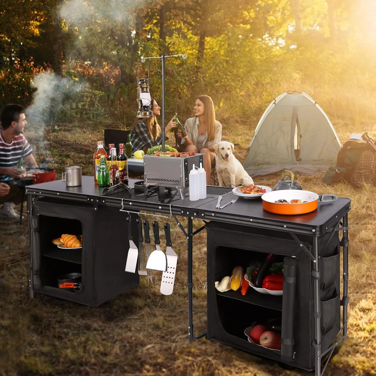 REDCAMP Portable Camping Kitchen Table, 6ft Extra Long Tri-fold Camping Grill Table with Storage Organizer and Telescoping Light Stand, Outdoor Cooking Station for BBQ, Party and Picnic