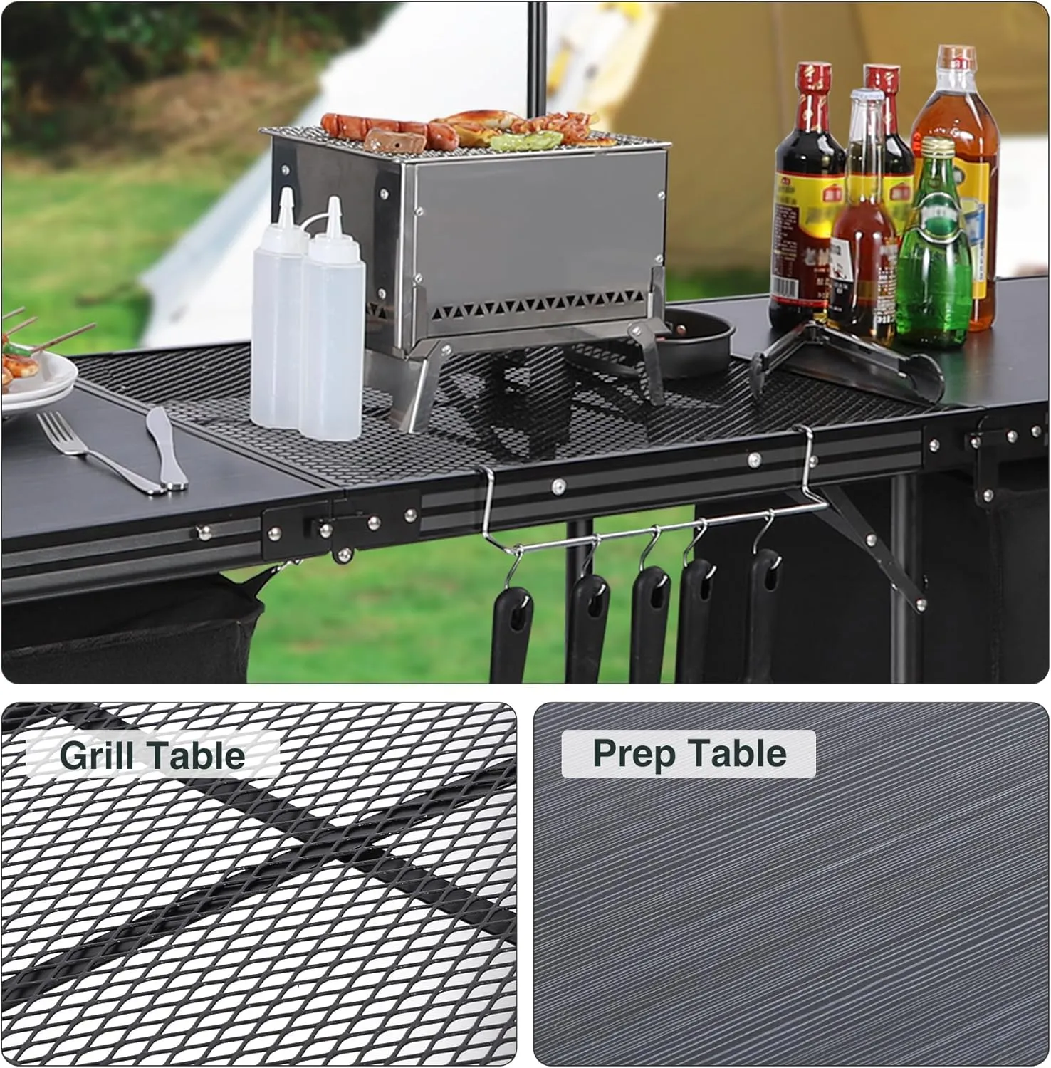 REDCAMP Portable Camping Kitchen Table, 6ft Extra Long Tri-fold Camping Grill Table with Storage Organizer and Telescoping Light Stand, Outdoor Cooking Station for BBQ, Party and Picnic