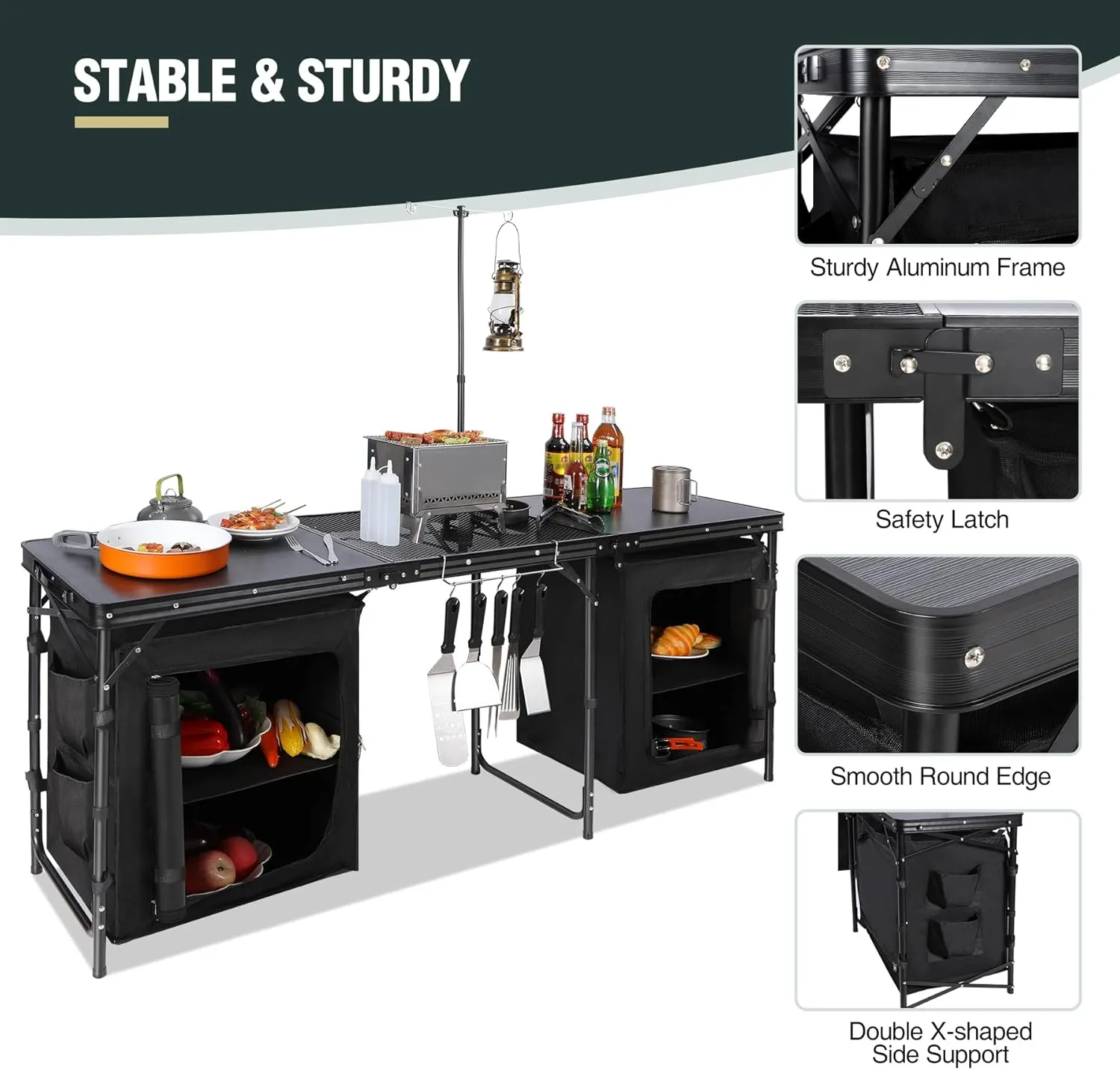 REDCAMP Portable Camping Kitchen Table, 6ft Extra Long Tri-fold Camping Grill Table with Storage Organizer and Telescoping Light Stand, Outdoor Cooking Station for BBQ, Party and Picnic